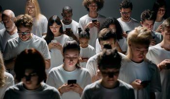 Group-of-people-all-staring-at-their-phones. Light-from-screen-illuminating-faces.